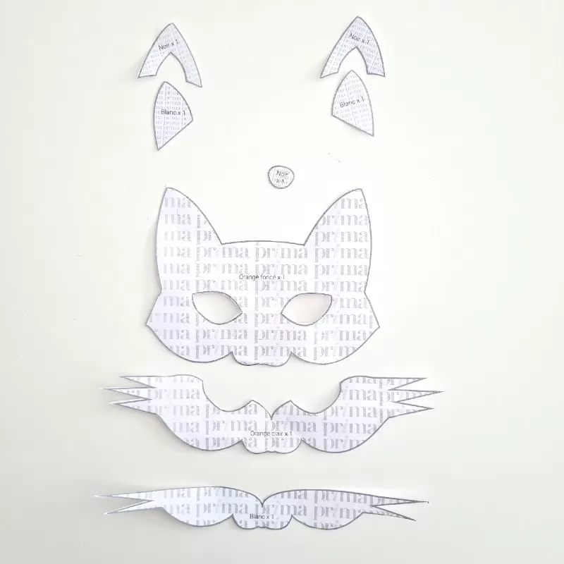 Éléments découpés - Comment réaliser un masque renard en feutrine - Prima Mercerie Éléments découpés pour réaliser le masque renard